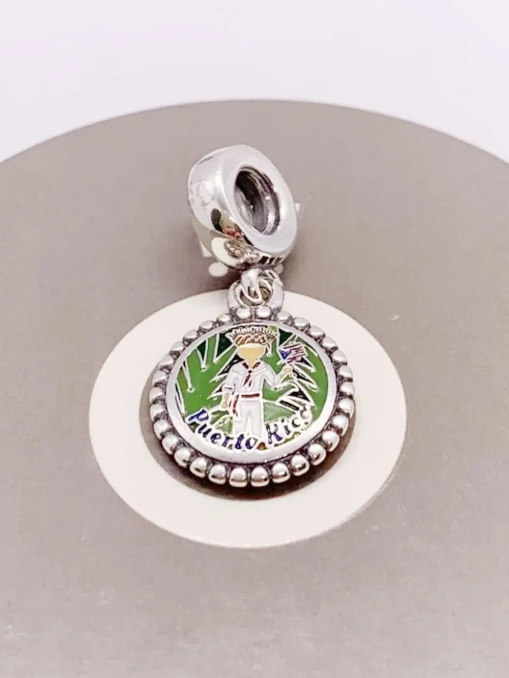 Pandora Green & White Puerto Rico Enamel Dangle Charm
